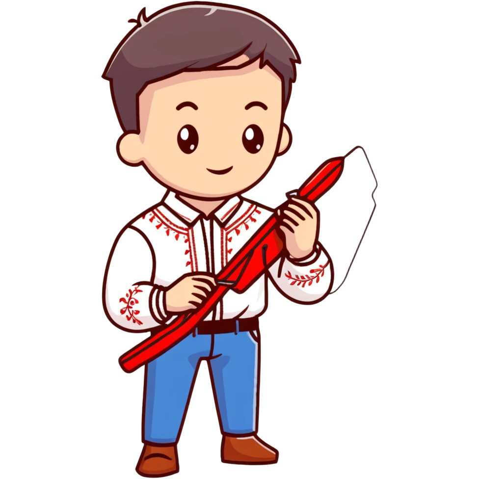 Ukrainian young man in a white embroidered traditional shirt holding a red thread with a needle and pliers emoji