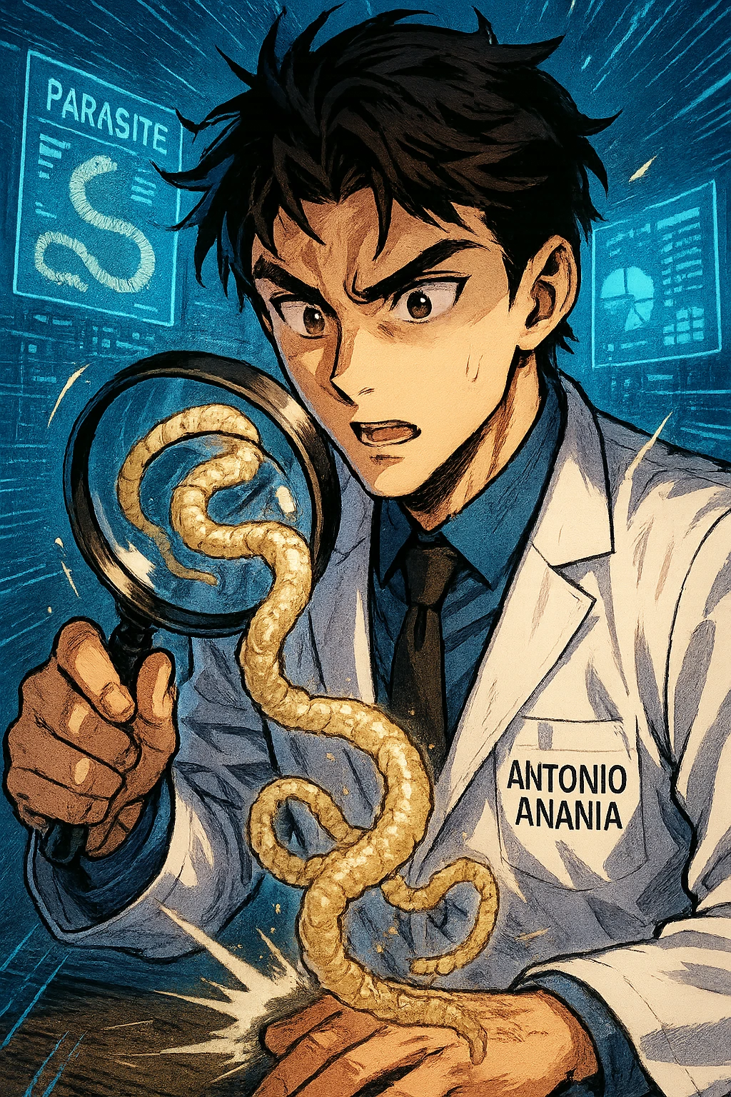 A dynamic manga/webtoon-style illustration of a young male kinesiologist wearing a clean white lab coat, analyzing light beige worms like a tapeworm under a magnifying glass. His expression is focused and slightly intrigued, with sharp, detailed eyes. The art style is vibrant, with bold linework, rich colors, and dramatic lighting. The background is a futuristic laboratory with glowing holographic screens displaying parasite data. The tapeworm is intricately drawn, slimy and segmented, with a slightly exaggerated yet realistic texture. The composition is dynamic, with motion lines or energy effects to emphasize his scientific investigation. The atmosphere is intense but not dark, keeping a balance between scientific seriousness and stylish manga aesthetics, he has "ANTONIO ANANIA" WRITTEN ON WHITE LAB COAT emoji