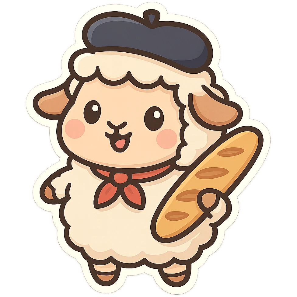 French sheep with a beret, carrying a baguette, cheerful style, chibi stickers style emoji