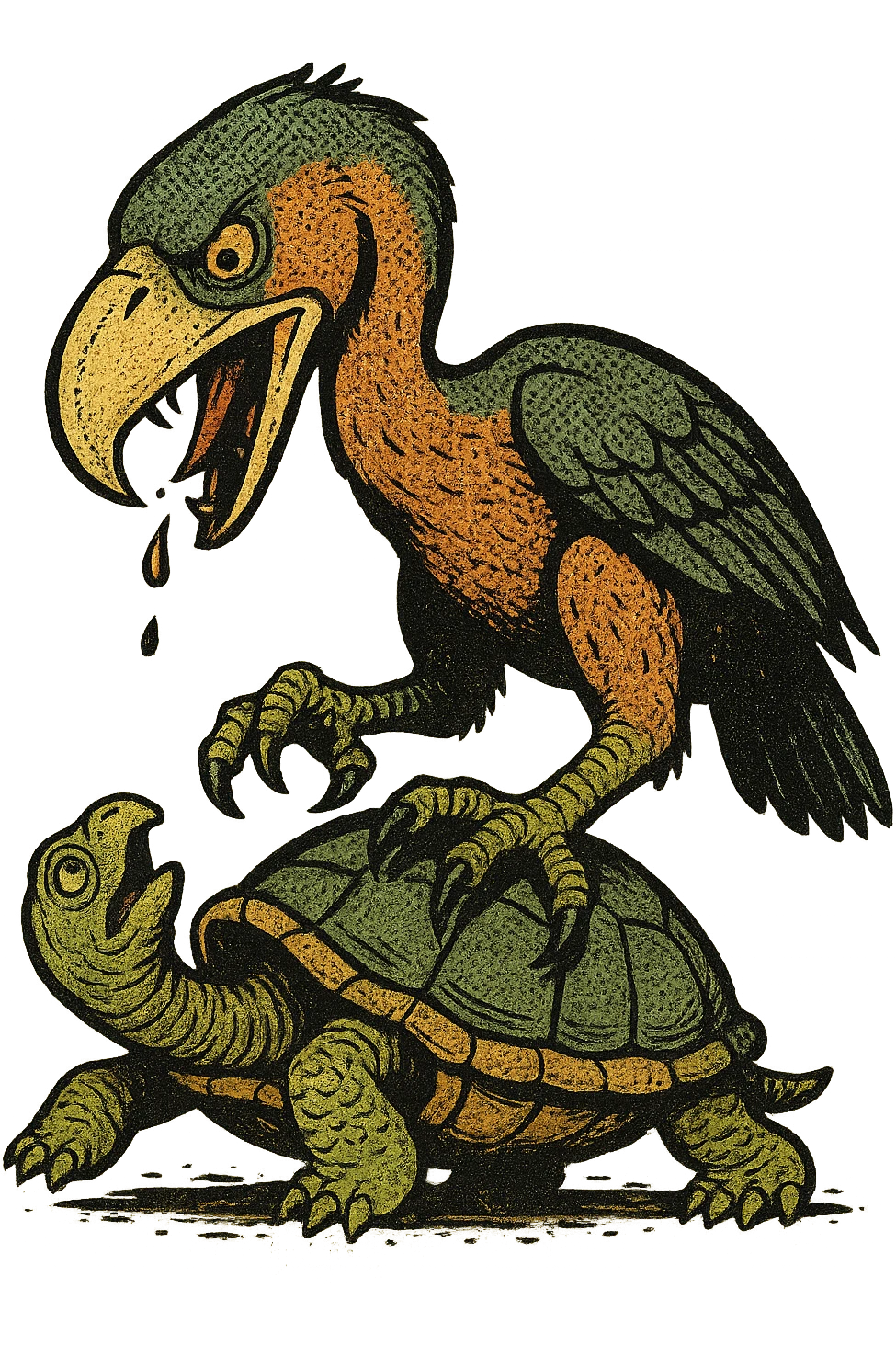 an insignia for a flag: a strange foreign alien bird creature, resembling a prehistoric phorusrhacos, gripping a upturned tortoise with a claw with its' beak tearing down into it
 emoji