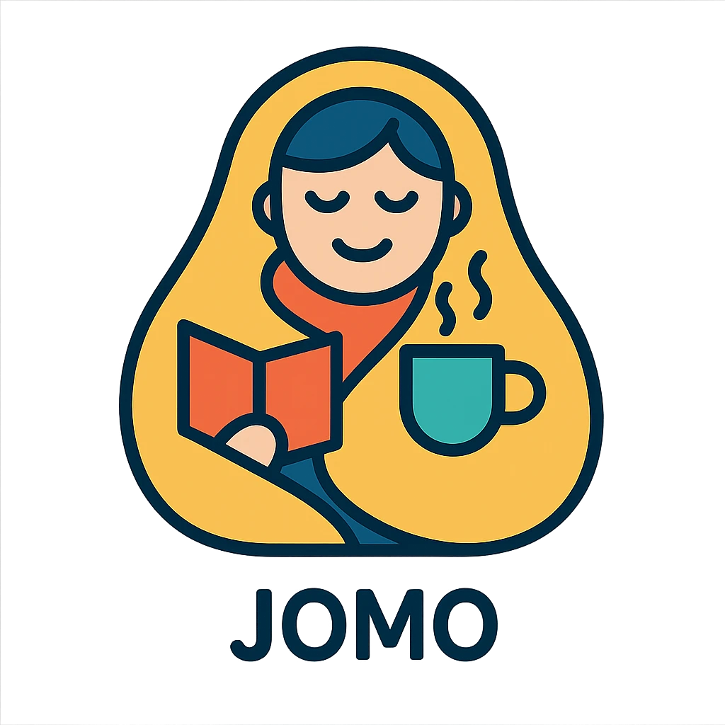 JOMO (joy of missing out) as a cozy icon, featuring a person with a blanket, tea, and a book, looking peaceful, color outline icon style emoji