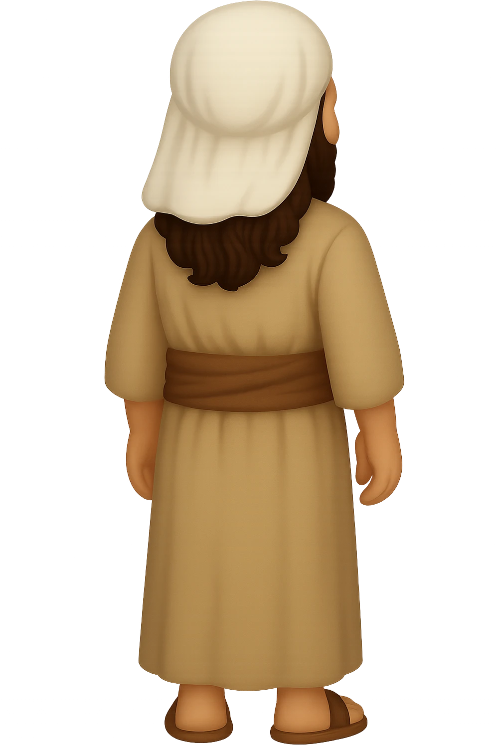Create a back view, centered full body image of Apostle Peter in classic emoji style. He is facing away, smiling, with a detailed beard, wearing the same clothing as the reference image: a robe with a brown sash and head covering, with long sleeves. No background. The style should mimic classic emoji style. emoji