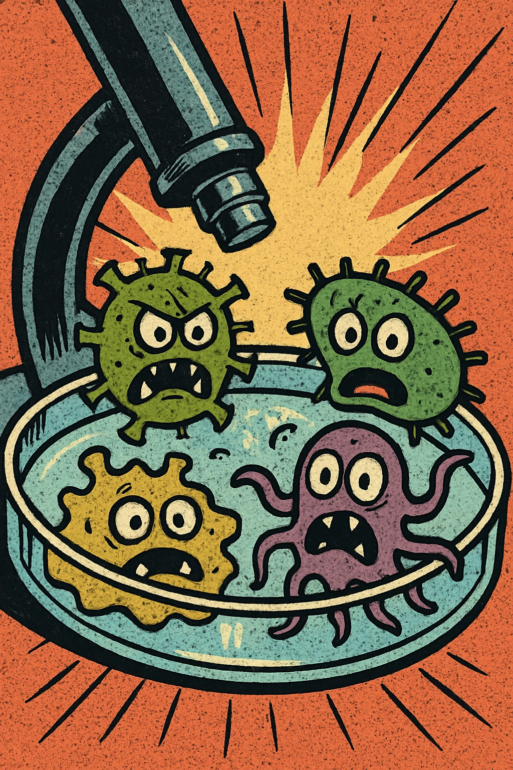 Monster looking germs on a petri dish under a microscope emoji