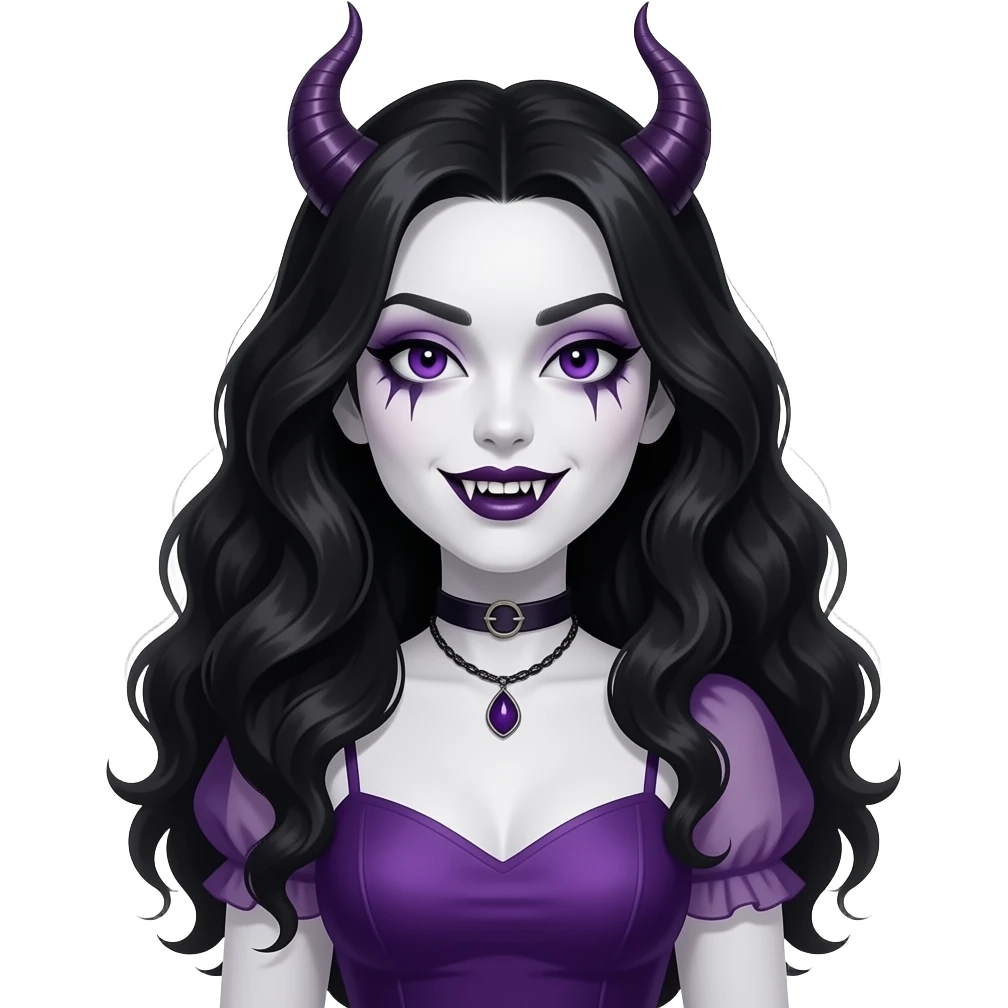 a ghotic succubus, ghotic makeup, arm wavy black hair, white skin, and purple details,little pruple dress, black eyes iris, big teeths, sedutive, dangerous woman, like a BIG WOMMAN emoji