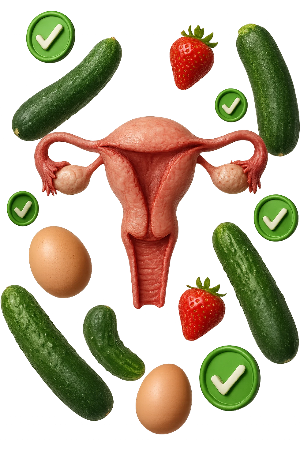 zucchine, cetrioli, fragole, uova fluttuano insieme ad un utero umano realistico anatomico e a piccole spunte verdi di "verificato" 3d, IPERREALISTICO 4K emoji