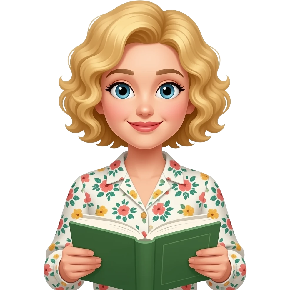 blonde curly bob reading a book in floral blouse emoji