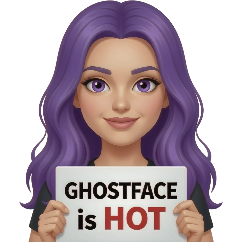 sexy girl with long purple hair and purple eyes holding a GHOSTFACE is HOT sign emoji