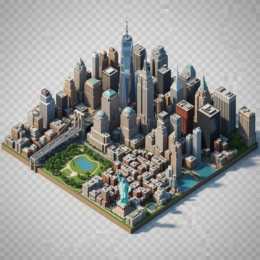 Isometric miniature of New York Сity Empire State Building, One World Trade Center, Statue of Liberty, Brooklyn Bridge, and Central Park chaotic low-rise blocks in outer boroughs 3D miniature effect and Tilt Shift effect, no cartoonish look, transparent background. emoji