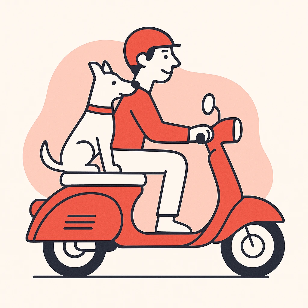 man and his pet dog riding a vespa emoji