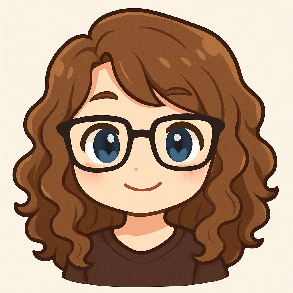 Create a chibi sticker emoji portrait of the person in the reference photo. The person has glasses and curly hair. The style should be cute and expressive, capturing the personality and charm of the individual. emoji