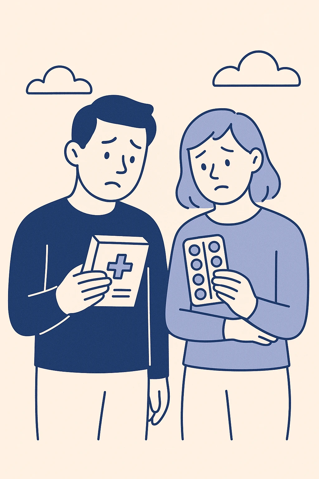 two people, worried expressions, holding or looking at two different medicine packages, flat illustration style emoji