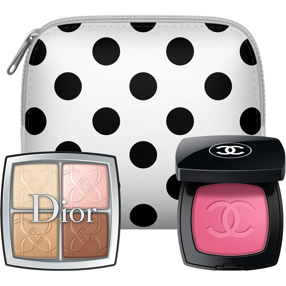 white polka dot with black dots makeup pouch inside Dior and Chanel makeup products products highlighter palette blush etc emoji