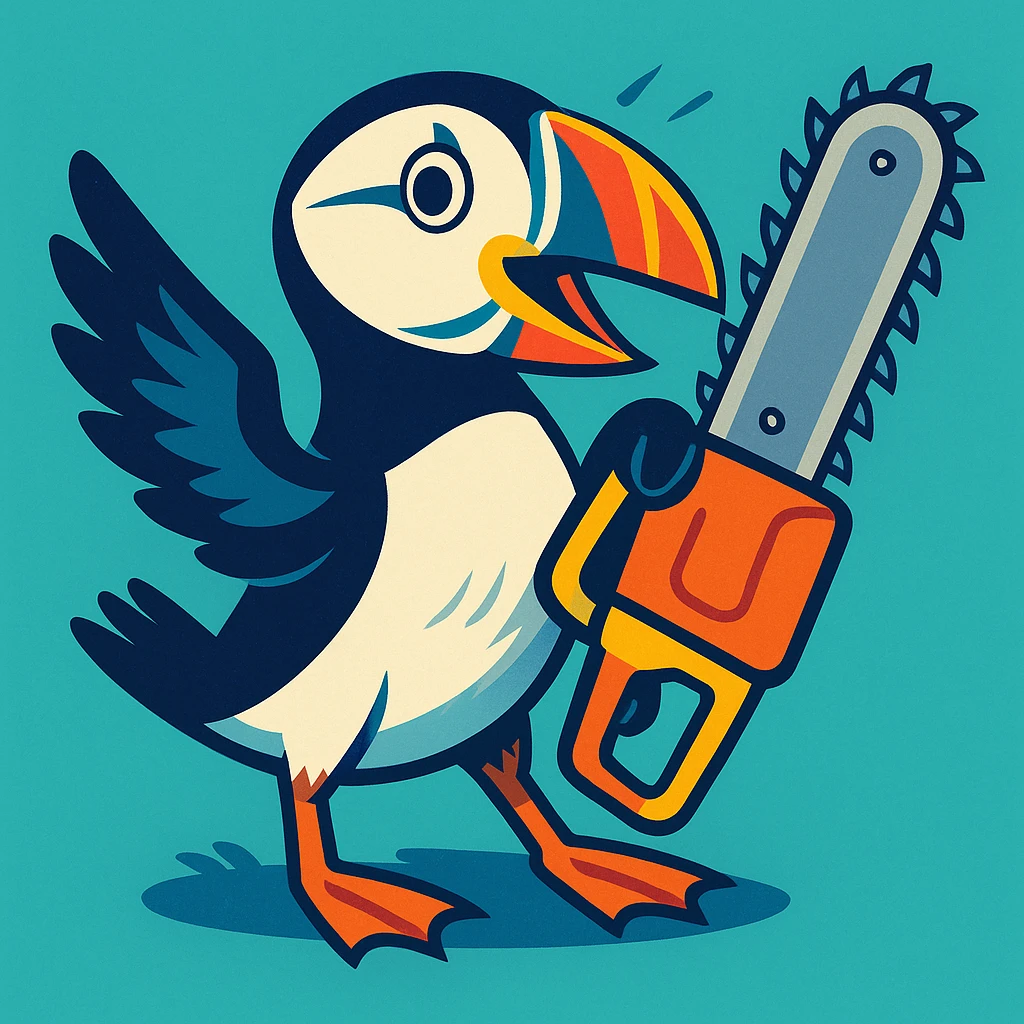 a puffin holding a chainsaw, vibrant cartoon style emoji