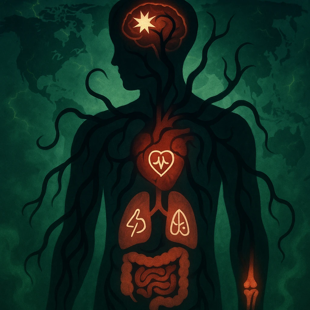 semi-realistic, medical-fantasy style human silhouette, parasite tendrils reach organs, each organ with a medical symbol (brain: pain, heart: arrhythmia, lungs: asthma, gut: colitis, joints: arthritis), world map, glowing cracks, green mist emoji