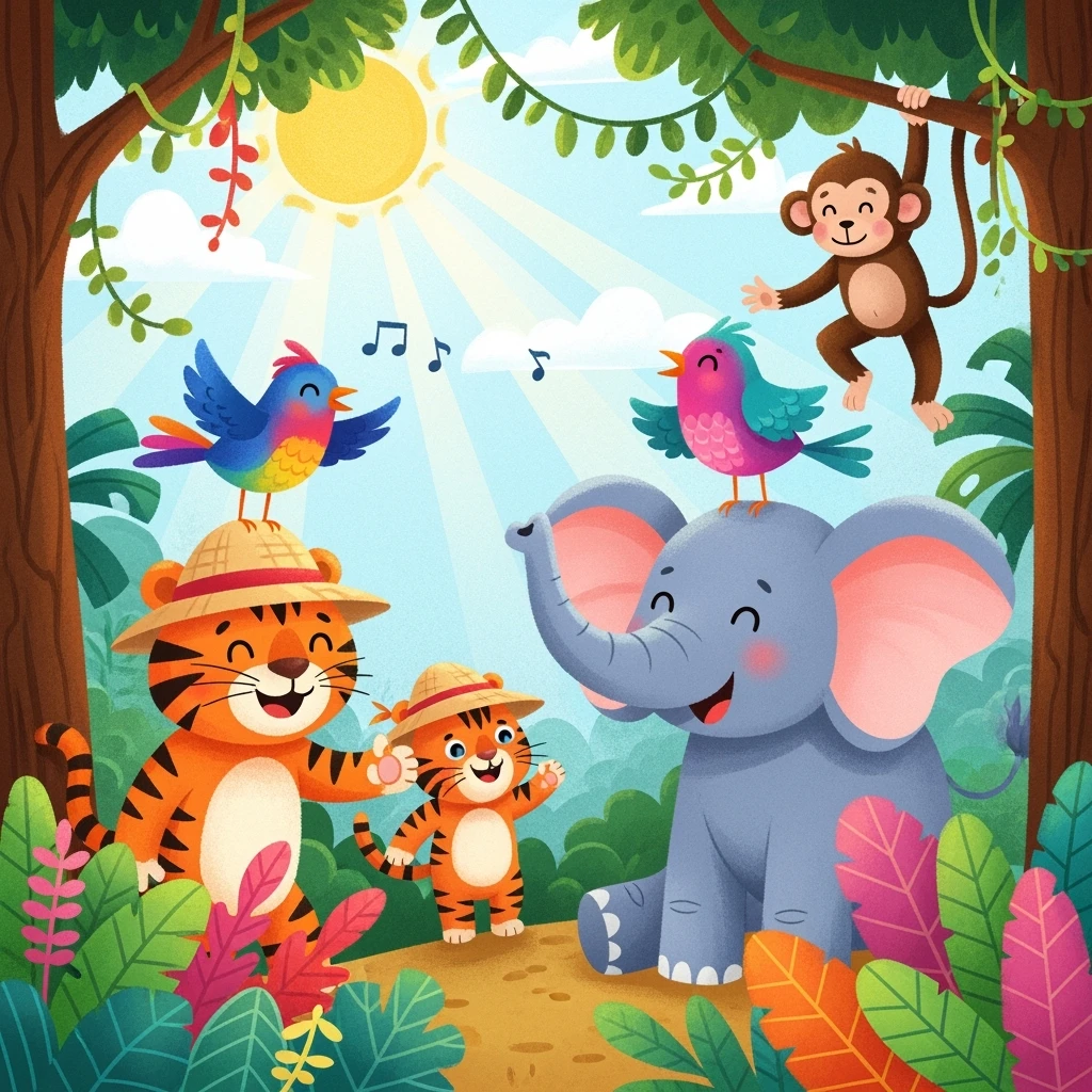 digital illustration of jungle safari in the style of children's illustration emoji