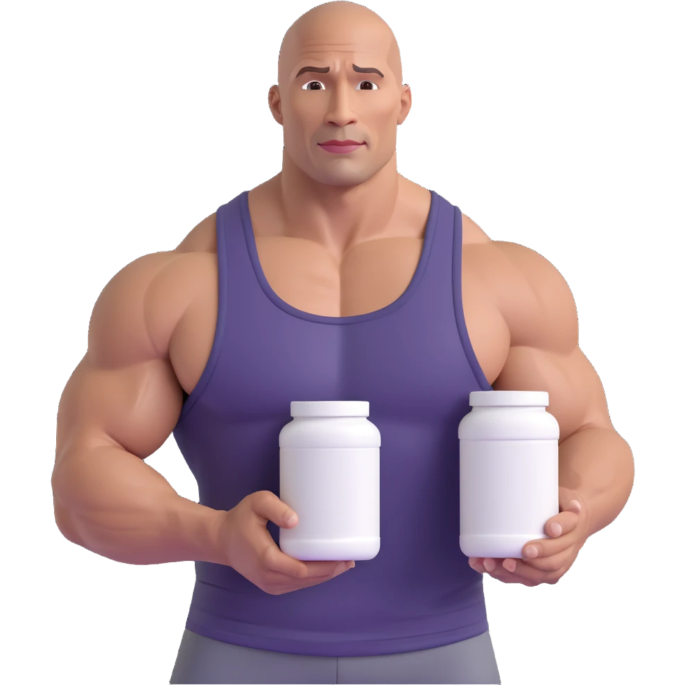 emoji of muscular bald man resembling Dwayne Johnson holding a protein powder tub, wearing a tank top emoji