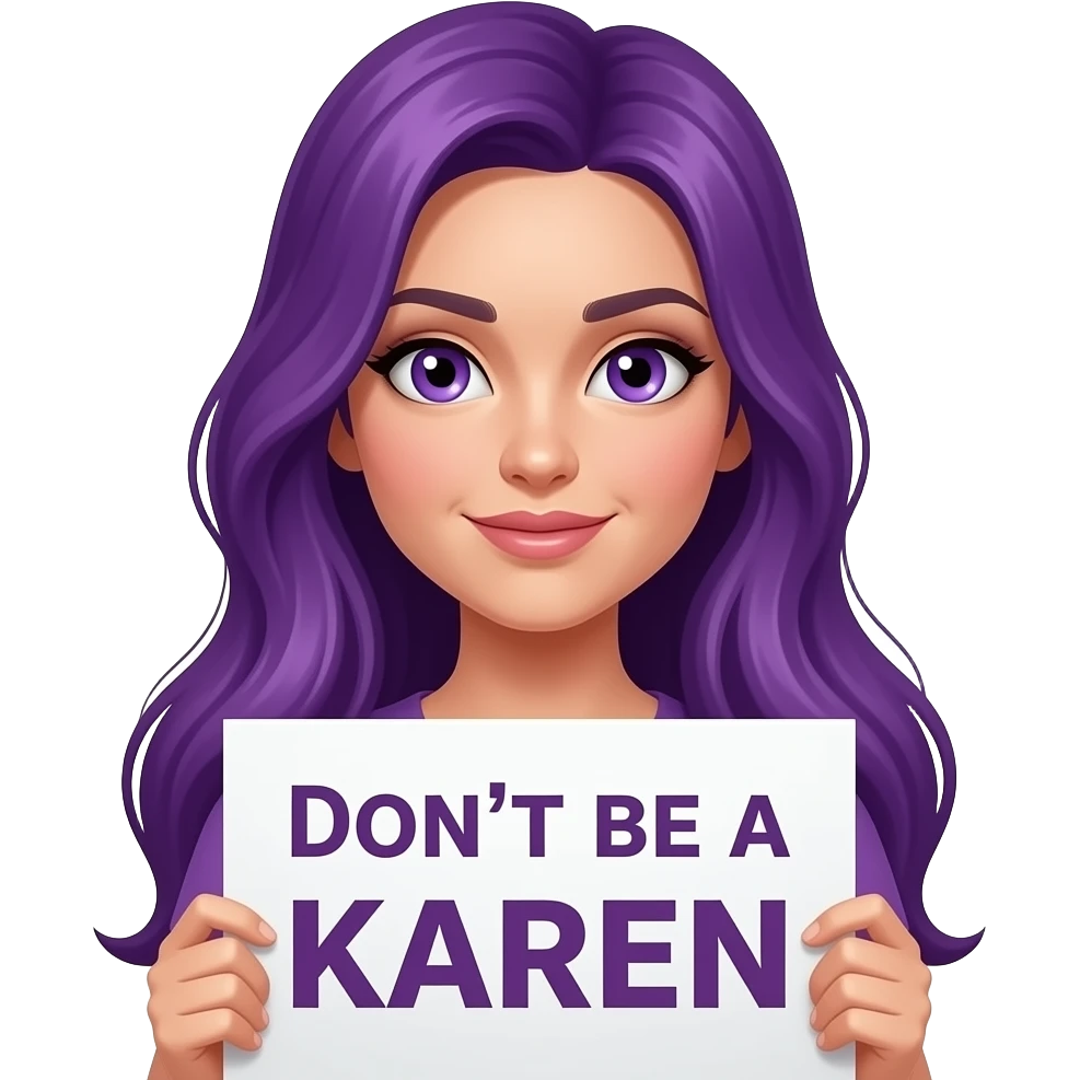 sexy girl with long purple hair and purple eyes holding a Don't be a KAREN sign emoji