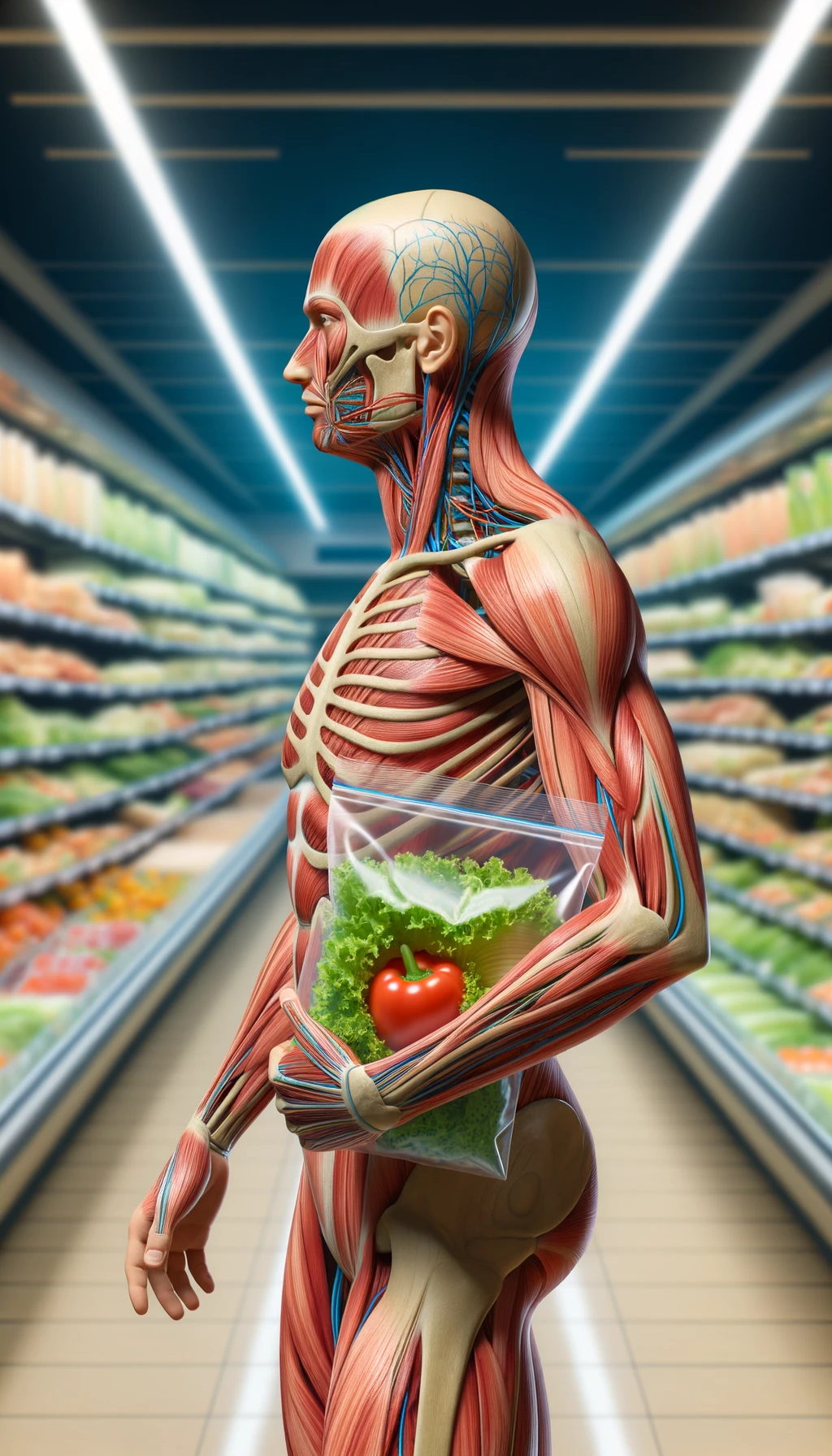 corpo umano anatomico con capelli corti in un supermercato che tiene in mano una busta di insalata di plastica preconfezionata, supermercato sfocato sullo sfondo emoji
