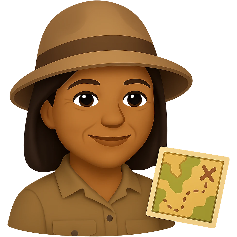 Reduce wrinkles on the face, keeping only a few light wrinkles around the eye corners and mouth to make her look about 55 years old. Maintain the emoji style look with brown skin, an archaeological hat, and a small map beside her. Keep the background transparent. The original style is emoji, but since emoji style does not support editing, use the general style editor while preserving the emoji style appearance. emoji