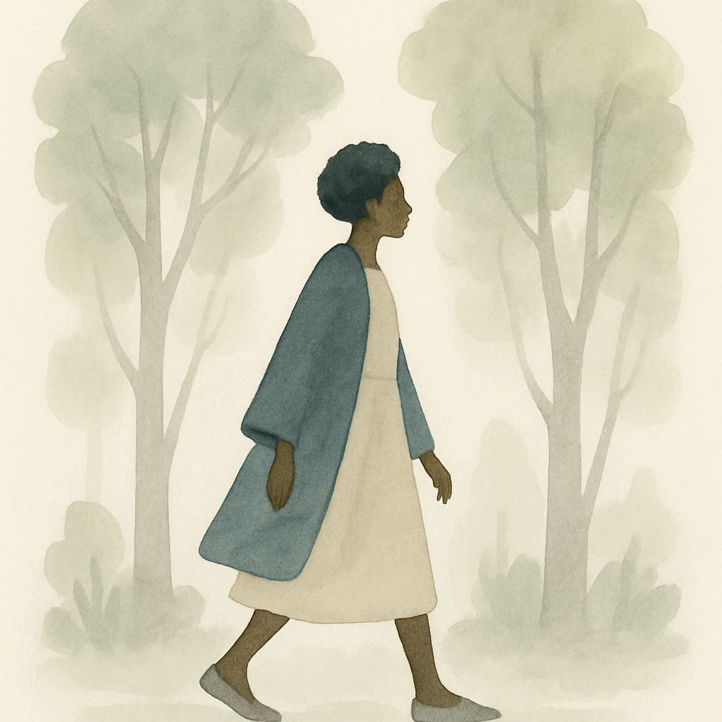 black lady walking through a forest, gentle brushstrokes and natural colors, watercolor art style emoji