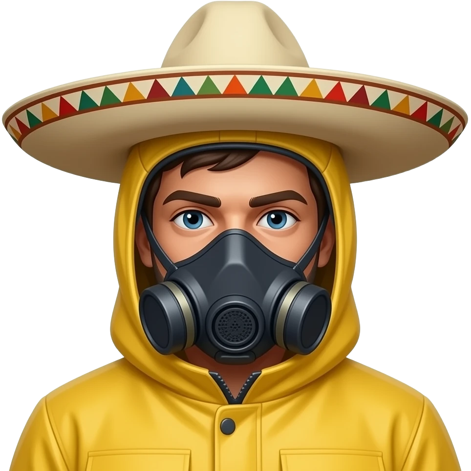 mexican man dark brown hair yellow hazmat suit with hood on and mask with sombrero emoji