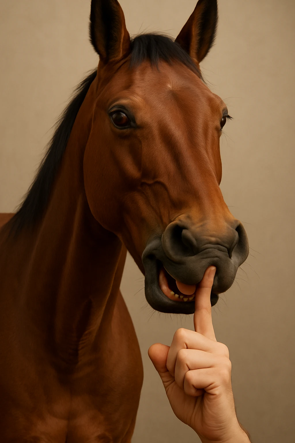 Make the finger bent inside the mouth of the realistic horse, with a gesture of silence, same background. emoji