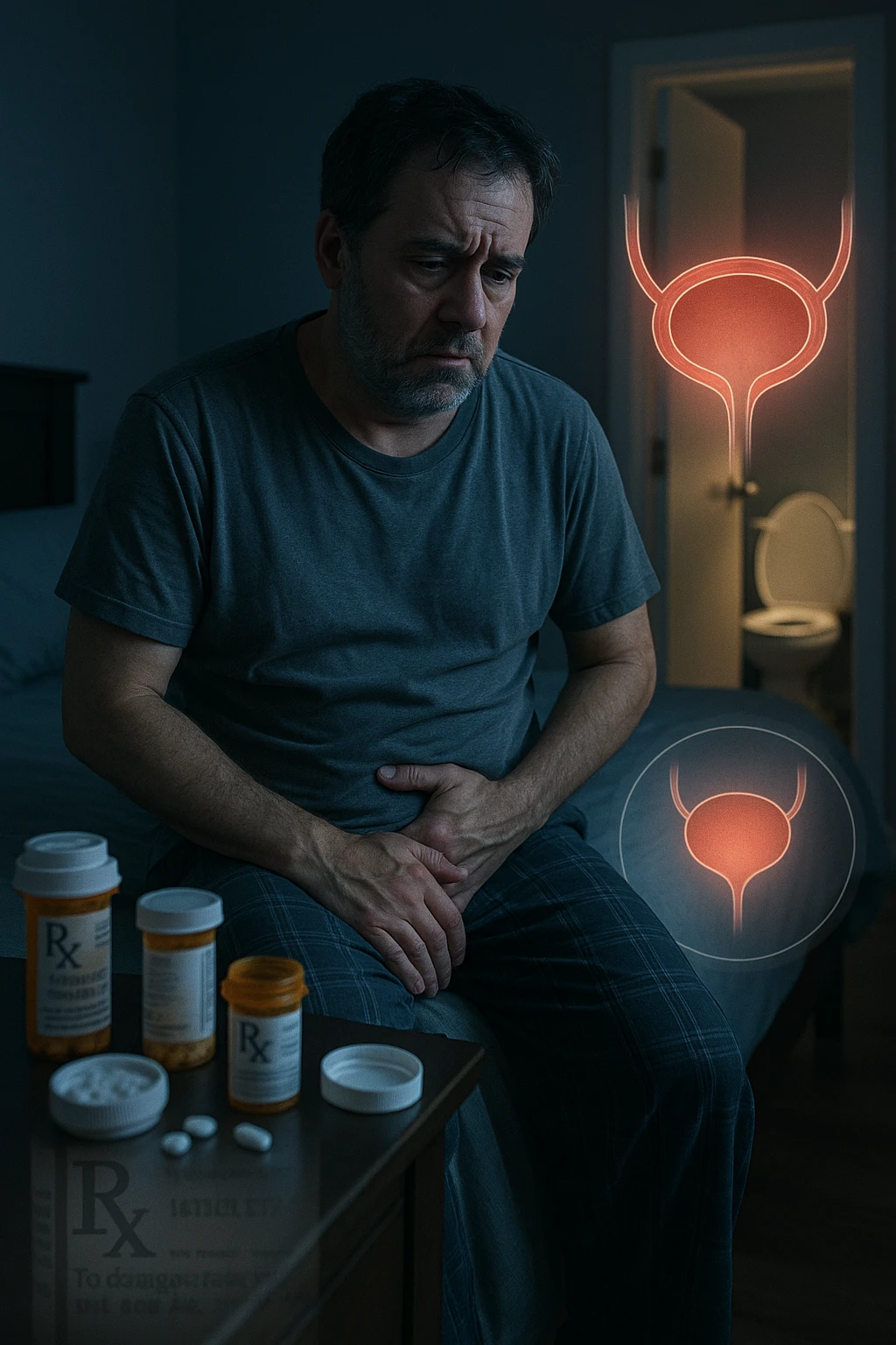 A middle-aged man sits on the edge of his bed in a dimly lit bedroom, looking exhausted and frustrated. On the nightstand beside him are several prescription pill bottles, loosely organized, some open — suggesting long-term medication use. In the background, the bathroom door glows softly, partially open, with a faint reflection of the toilet visible, indicating frequent nighttime trips. The man wears a loose T-shirt and pajama pants, his posture slightly curved as he gently touches his lower abdomen, symbolizing bladder discomfort. His eyes have dark circles, his expression is drained. The color palette is muted blues and greys, with a cinematic soft focus and ambient light highlighting emotional fatigue. A subtle overlay of pill labels and bladder imagery could be added for educational use. emoji