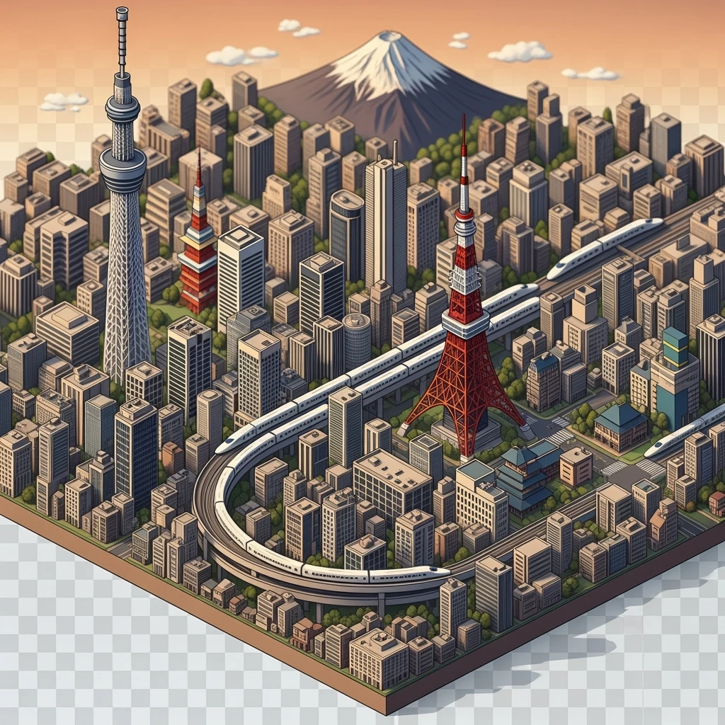 Isometric illustration of Tokyo, with Tokyo Tower, Skytree, Shibuya Crossing, Mount Fuji in background, high-speed trains, subtle 3D miniature effect and Tilt Shift effect, no cartoonish look, transparent background. emoji