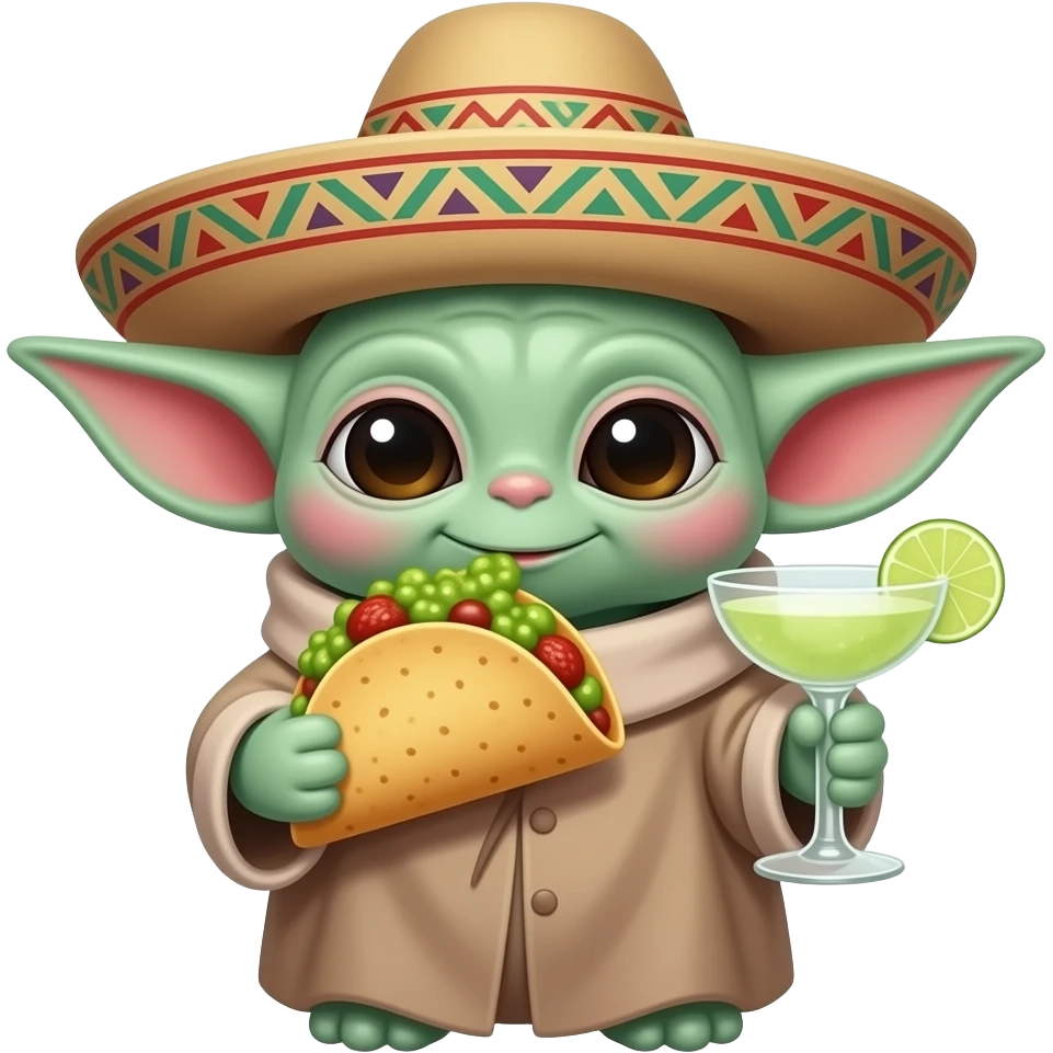 animated baby yoda eating tacos and guacamole,wearing a pancho and sombrero drinking a margarita emoji