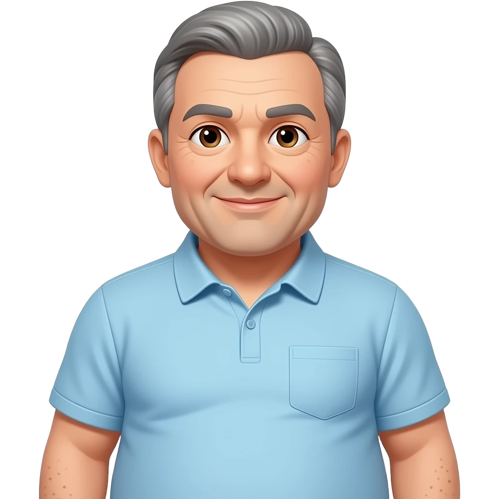 yeux bruns gentil homme dans la cinquantaine, cheveux grisonnants et calvitie, ventre surpoids emoji