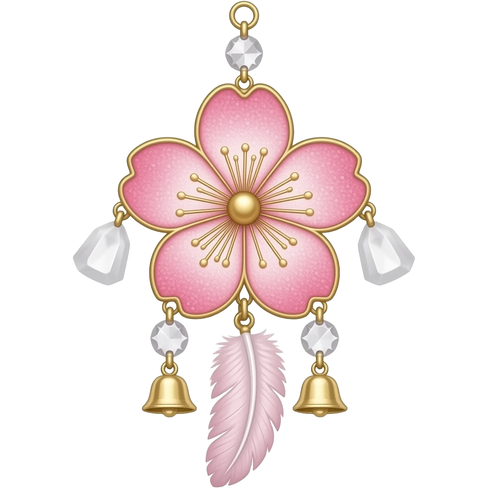 Hanging pastel Sakura-pink white gold crystals white-pearly suncatcher with bells and feathery ornament emoji
