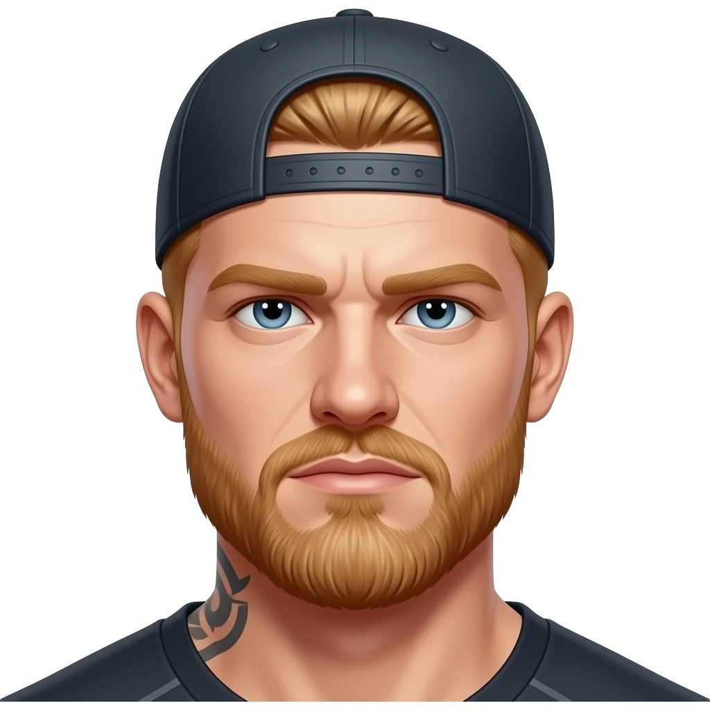 Muscular fitness athlete face emoji style, light skin, short ginger/blond beard and mustache, strong jawline, serious focused expression, backward cap, subtle tattoo vibe implied, clean simple emoji design. emoji