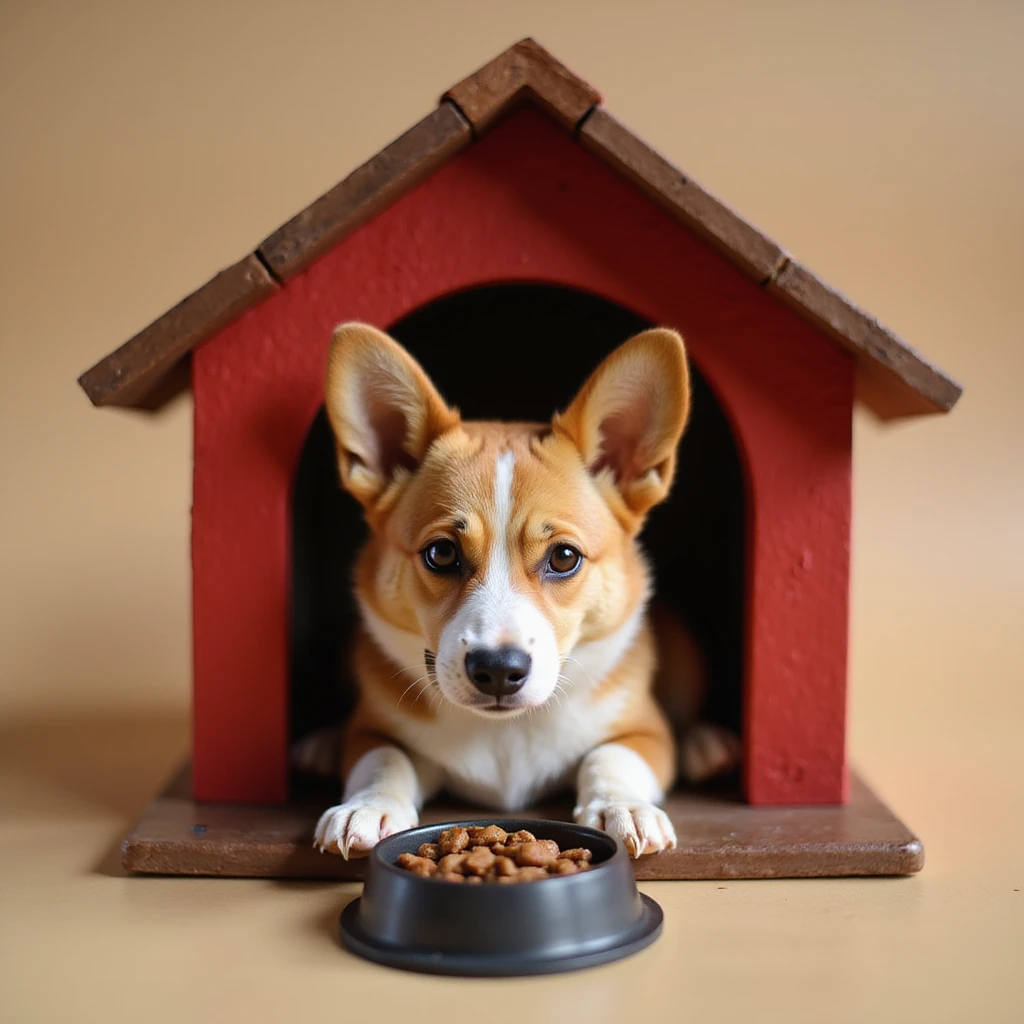 realistic red dog house with a Corgi dog inside, Corgi with a food bowl, photorealistic style emoji