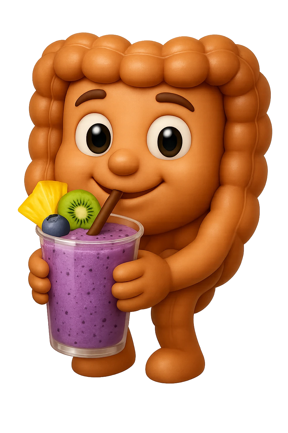 EMOJI STILE IPHONE DI un intestino umano anatomico che beve un frullato di mirtilli, ananas, kiwi, fagli anche la parte bianca degli occhi, non solo le pupille, REALISTICo 4K emoji