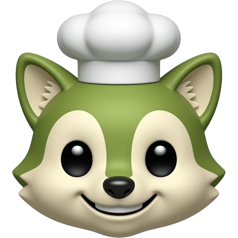 Feral Kitchen & Lounge: 3D emoji style, glossy surface, soft shadows, white background, centered, no text, cute wild fox character, chef hat, mischievous grin, earthy green tones, no defined gender emoji
