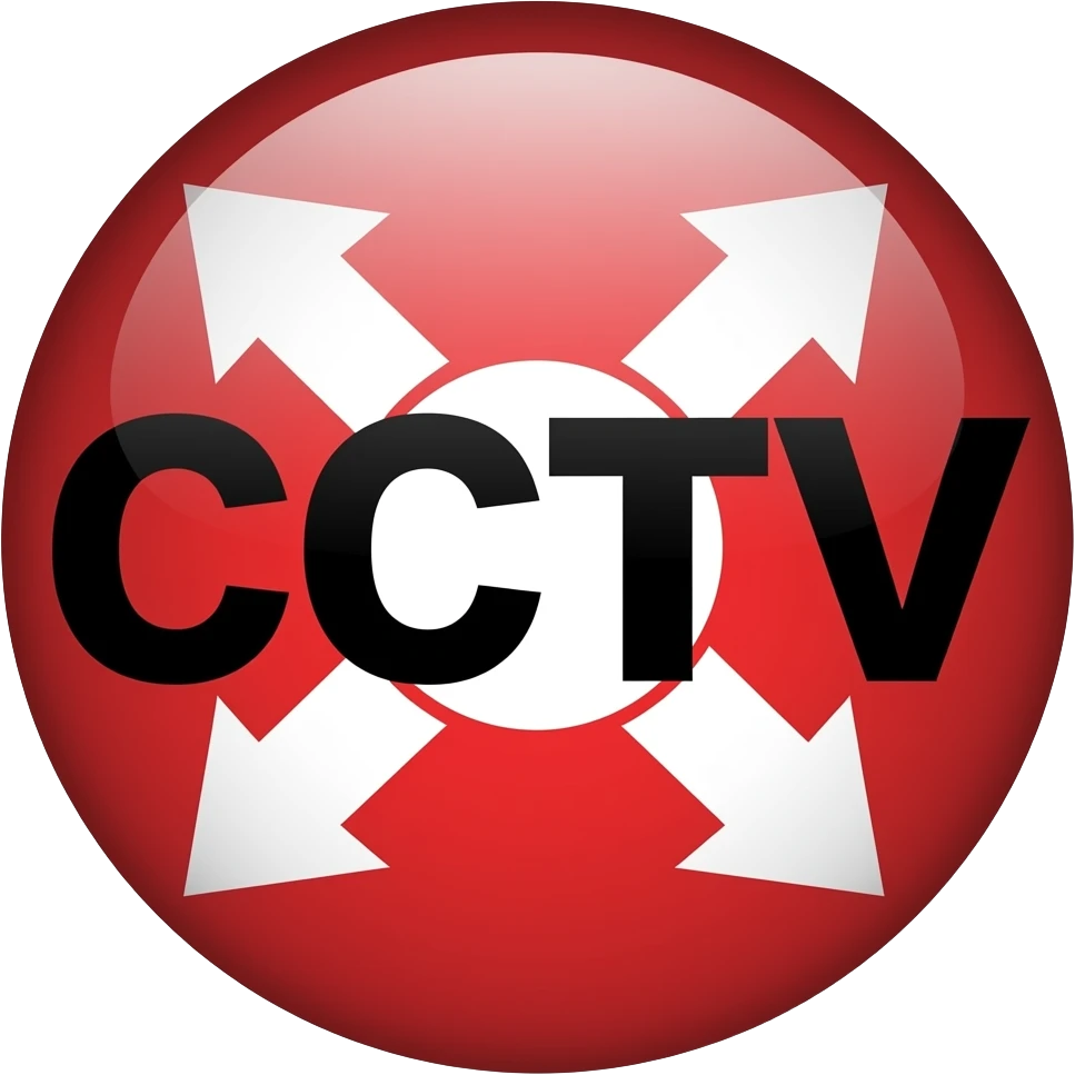 Red filled circle with white X and arrow on all end points on the X white circle in the middle. Big bold CCTV word in the centre in black emoji