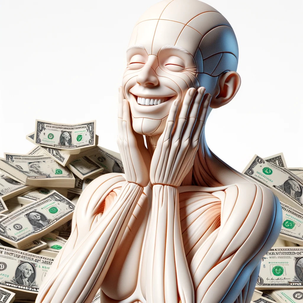 corpo umano anatomico sereno e felice con una montagna di banconote davanti, espressione stupita, iperrealistica 4k, isolato su sfondo bianco emoji