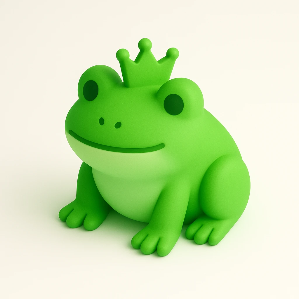 green 3D frog wearing a tiny crown emoji