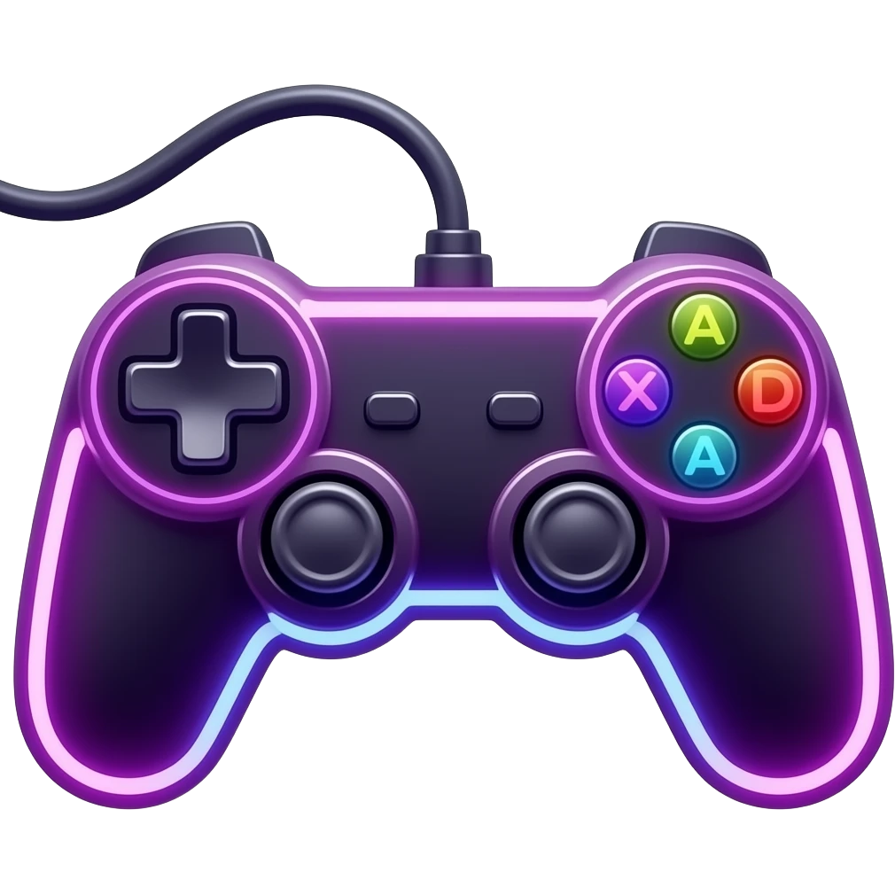 3D emoji style, glossy surface, soft shadows, white background, centered, no text, game controller made from neon lights, purple and neon tones, no defined gender emoji