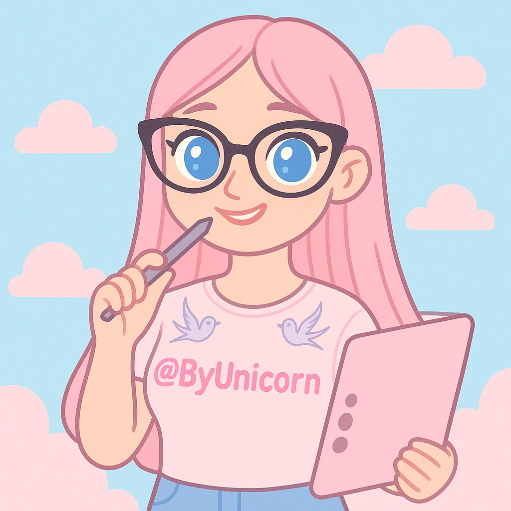 portrait of a girl from waist up with long straight pink hair, expressive blue eyes, nose with a small hump, two symmetrical swallow tattoos on collarbones, wearing a pastel light pink t-shirt with a more saturated pink @ByUnicorn print, black cat-eye shaped glasses on face, holding a pastel pink graphic tablet in right hand and a pen from the tablet in left hand, gently biting the pen with a smile, background of pastel blue sky and fluffy pastel pink clouds, soft graphic style, expressive features, pastel colors, drawn portrait, no realism, maintain girl's appearance from photo emoji