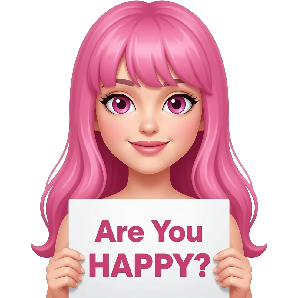 sexy girl with long pink hair and pink eyes holding a Are You HAPPY? sign emoji