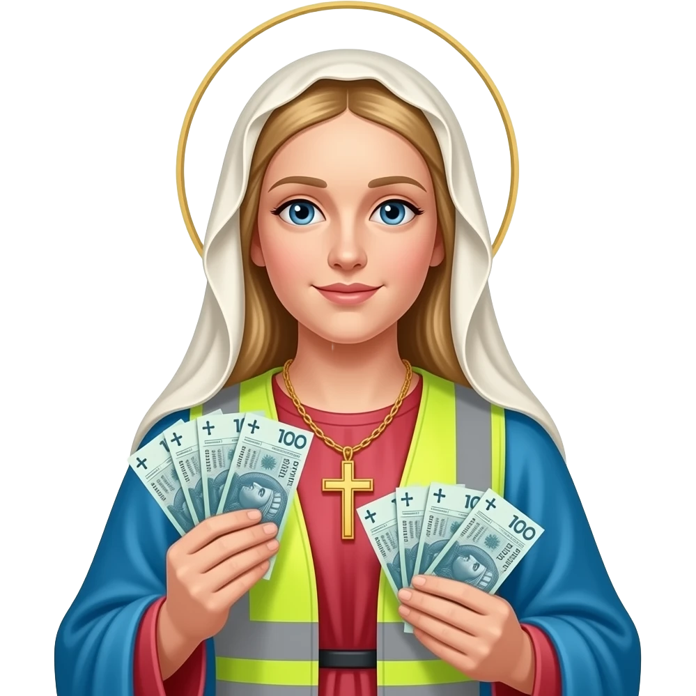 blond virgin marry with gloden cross necklace in highviz clothes with a polski złoty bank notes in hands emoji