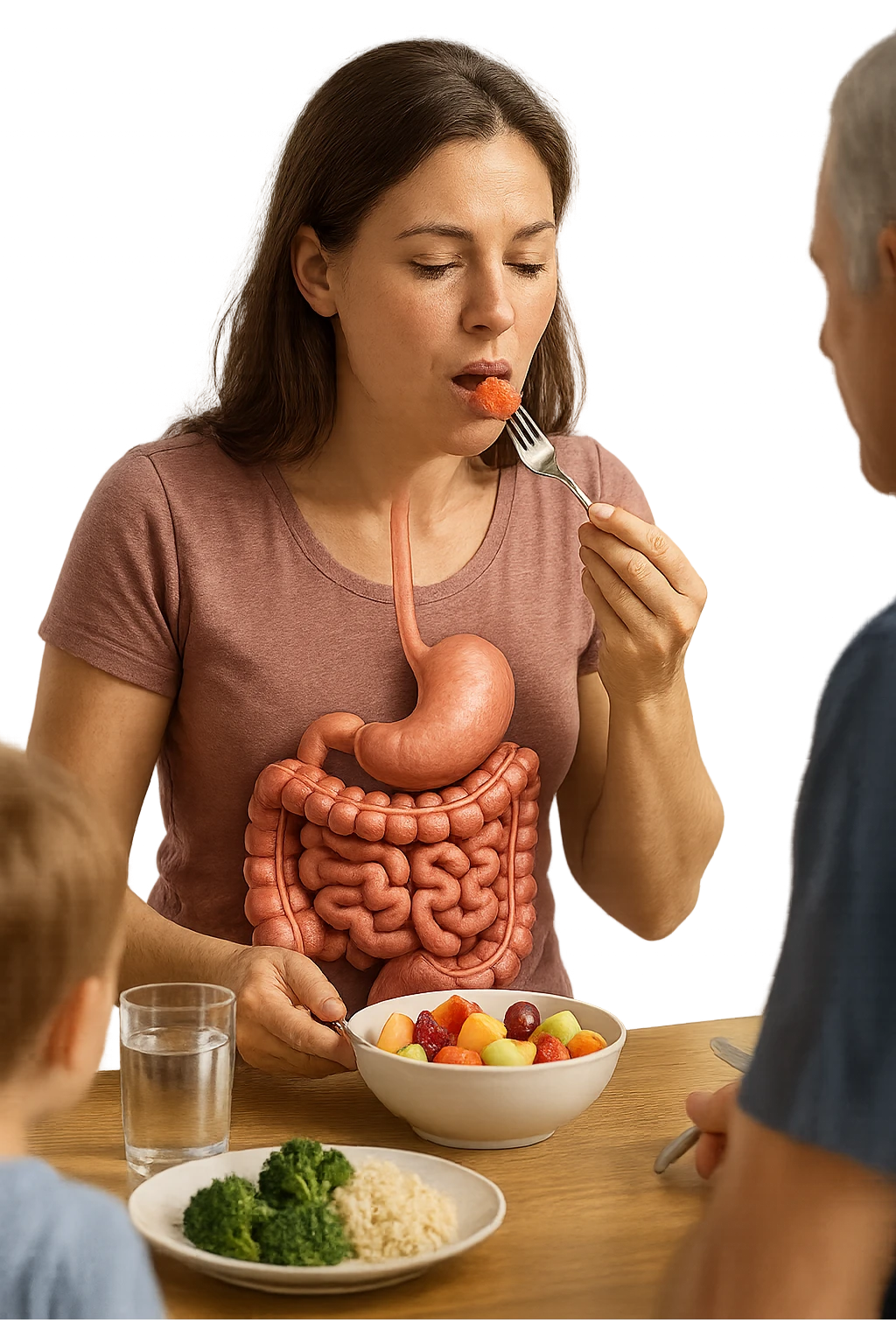 donna seduta a pranzo con la sua famiglia che mangia la frutta con intestino anatomico, iperrealistiche 4k emoji