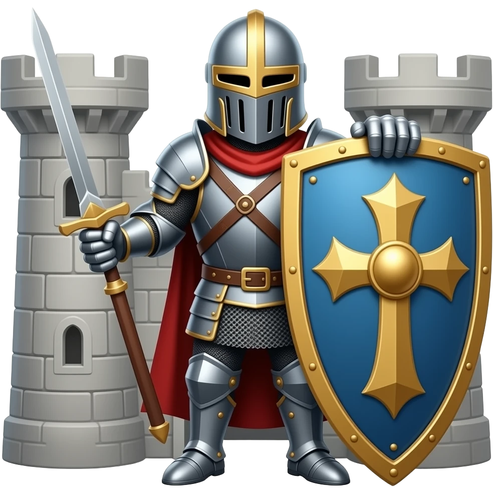 Un caballero templario con escudo defendiendo un castillo emoji
