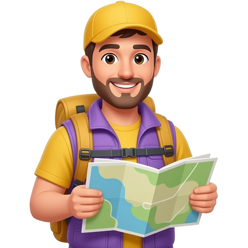 A smiling male travel guide in hiking clothes, wearing a lilac vest and yellow cap, backpack, holding an unfolded map in both hands, happy expression, adventure theme, portrait style, close-up, upper body, Apple emoji style, 3D cartoon, simple background, predominantly lilac and yellow colors emoji