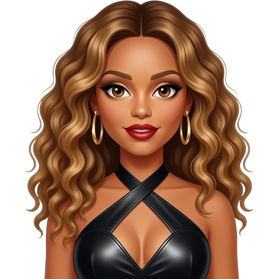 Beyonce from Destiny's Child with hazel eyes, long golden brown 1990s curly hair, black eyeshadow, dark red lipstick, black metallic halter dress, earrings emoji
