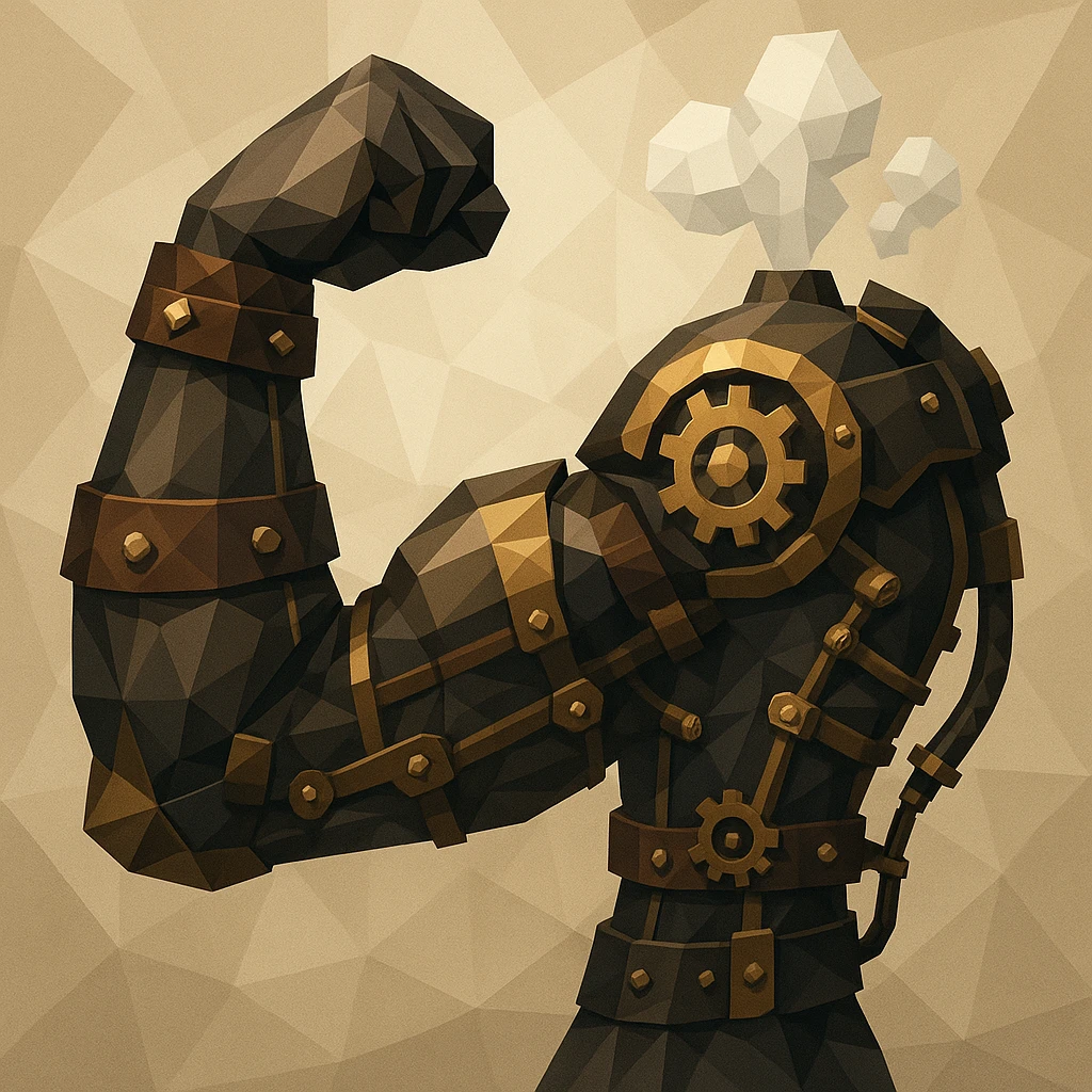 steampunk cyborg arm flexing, leather straps, brass details, steam and gear accents, intricate mechanical design, Victorian industrial aesthetic emoji