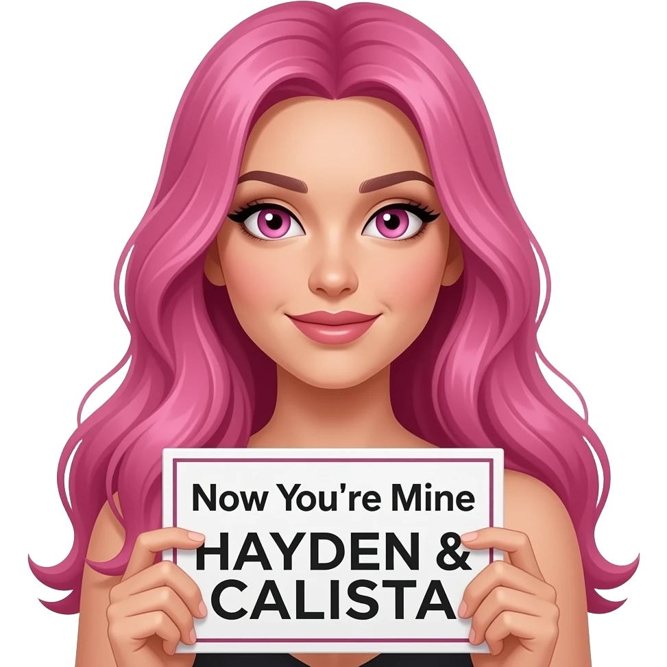 sexy girl with long pink hair and pink eyes holding a Now You're Mine HAYDEN & CALISTAsign emoji