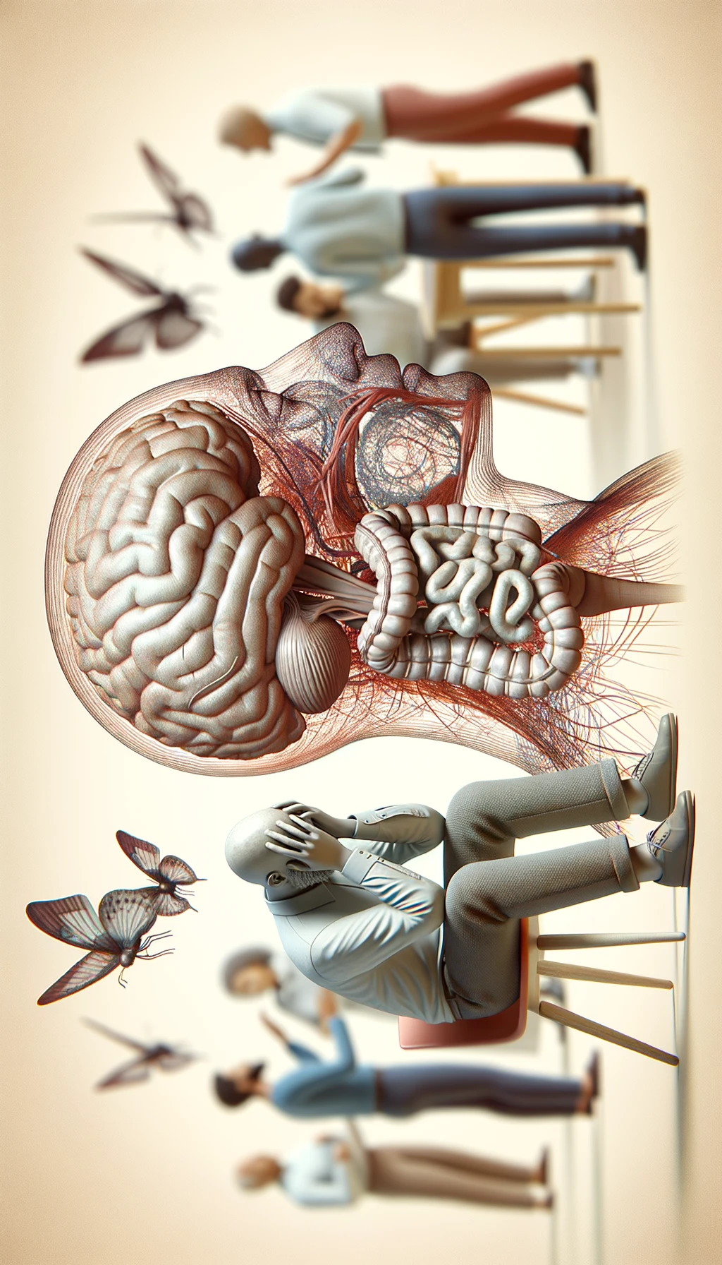CORPO UMANO ANATOMICO SEDUTO a casa sua con intestinoa anatomico visibile CON PERSONE SFOCATE SULLO SFONDO CHE GLI PARLANO contro E LO ASSILLANO, LUI SI TIENE LE MANI SULLA TESTA ED è MOLTO STANCO E STRESSATO: non riesce ad ascoltare tutti quelli che gli stanno parlando, sfondo sul beige chiaro, IPERREALISTICO 4K emoji