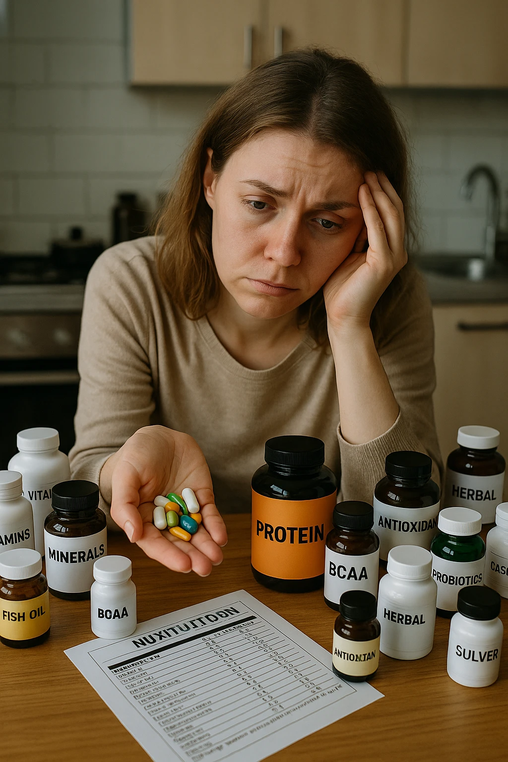 a woman in her 30s sits at her kitchen table, surrounded by dozens of supplement bottles, powders, and pills. She looks anxious and fatigued, with her head resting in one hand while the other holds a handful of colorful capsules. On the table, a nutrition chart is ignored, and her skin appears slightly dull or stressed. The mood is cautionary and educational. in italiano emoji